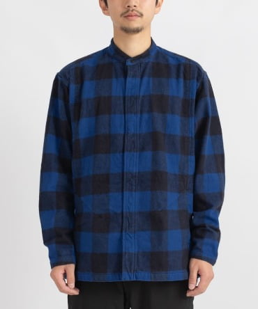 OFFICER STAND COLLAR SHIRT COTTON FLANNEL BLOCK CHECK
