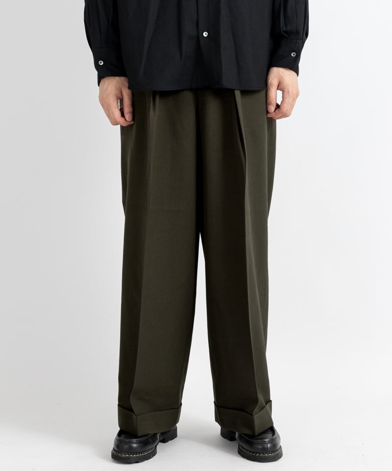 PLEATED WIDE TROUSERS - ORGANIC WOOL SURVIVAL CLOTH(ブラウン-1)