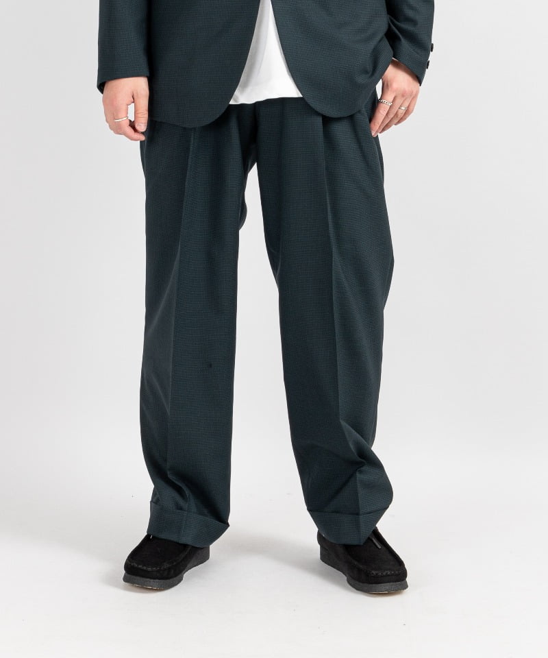 DOUBLE PLEATED CLASSIC WIDE TROUSERS - ORGANIC WOOL TROPICAL(オリーブチェック-1)