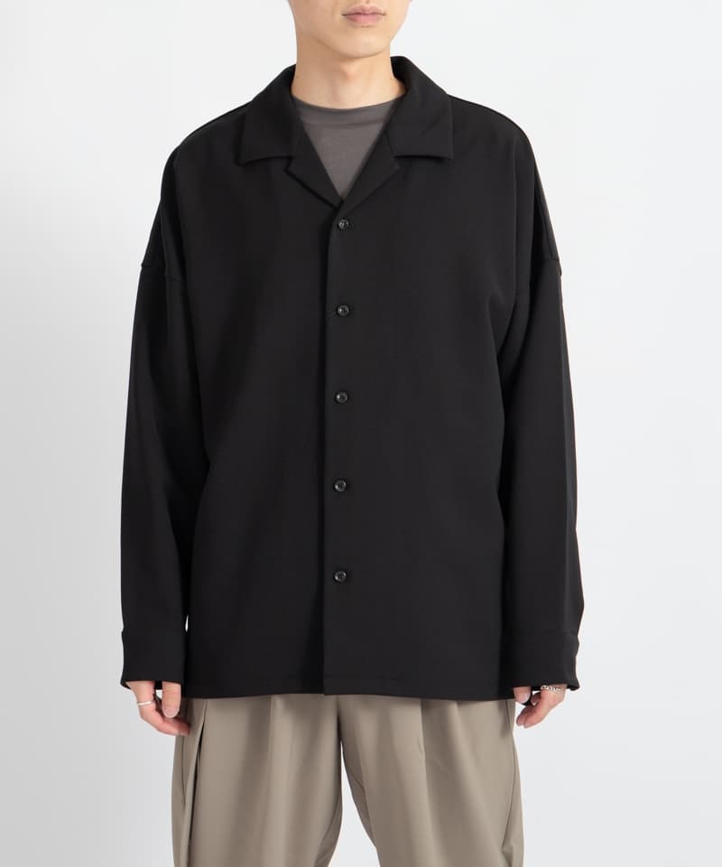 PE STRETCH DOUBLE CLOTH OPEN COLLAR L/S SHIRT(ブラック(930)-1)