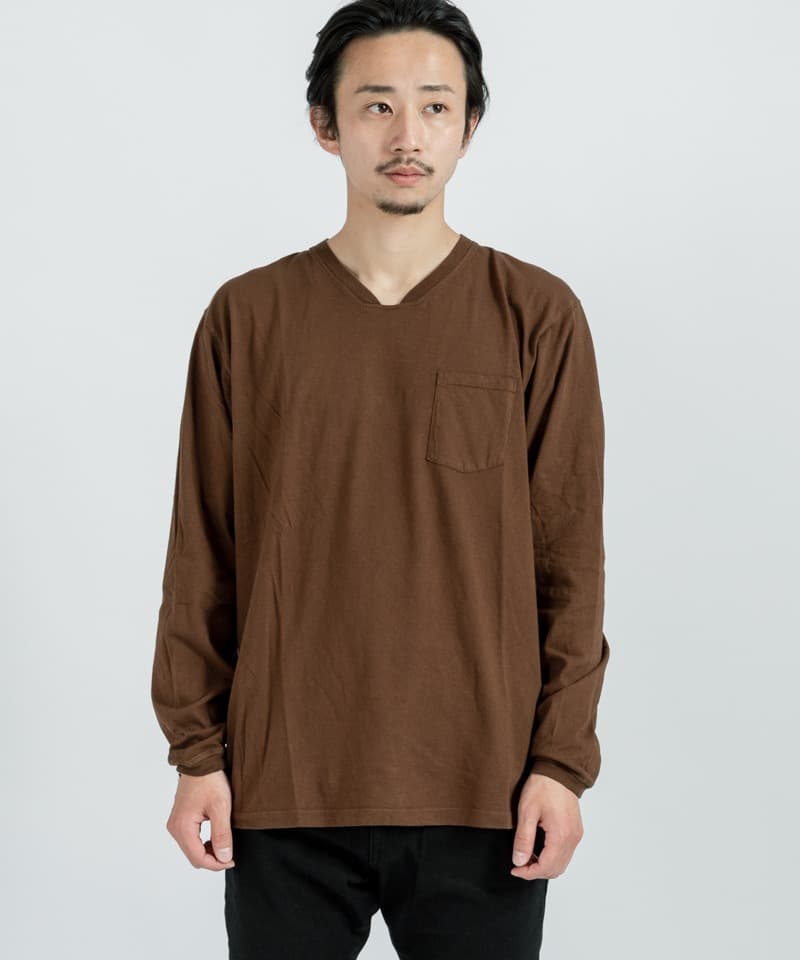 DWELLER V NECK L/S TEE COTTON JERSEY OVERDYED VW ■SALE■(ブラウン-2)