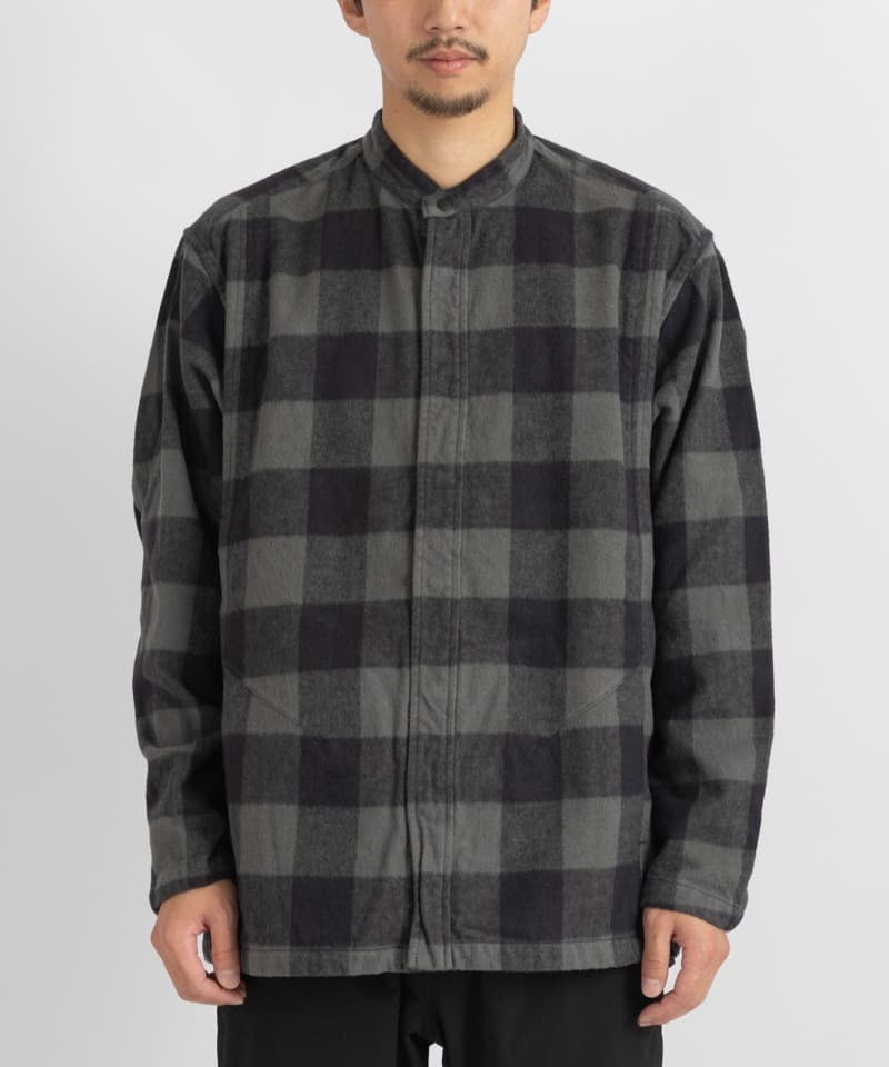 OFFICER STAND COLLAR SHIRT COTTON FLANNEL BLOCK CHECK(チャコール-1)