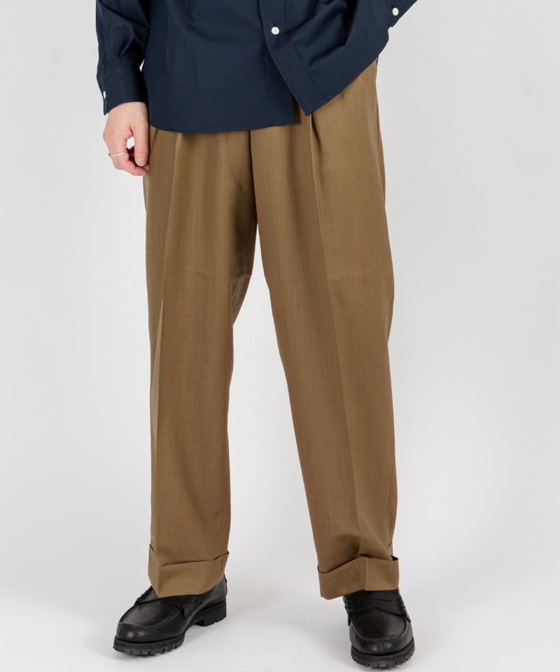 DOUBLE PLEATED CLASSIC WIDE TROUSERS - SUPER 120'S WOOL TROPICAL(カーキ-1)