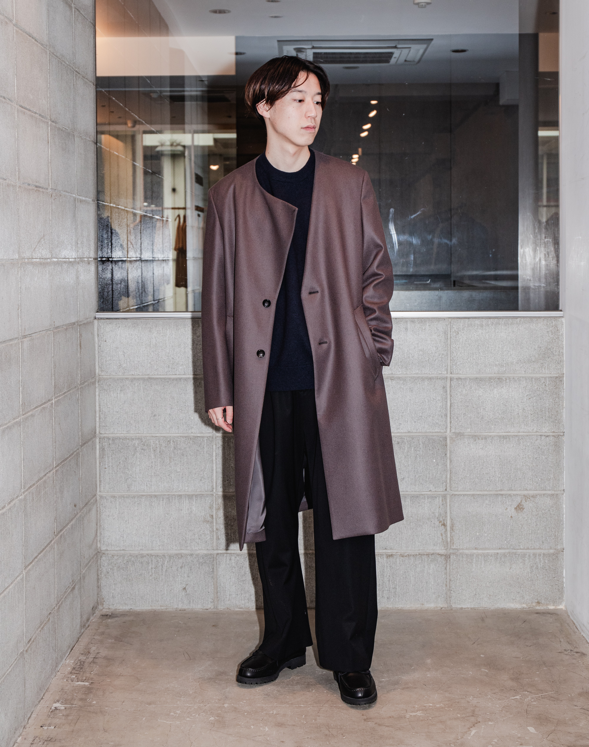 23AW ATTACHMENT WO DOUBLE MELTON COLLARLESS CHESTER COAT